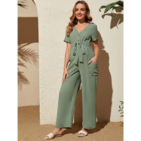 Maternity Pocket Side Roll Up Sleeve Belted Jumpsuit green - Picture 4 of 5